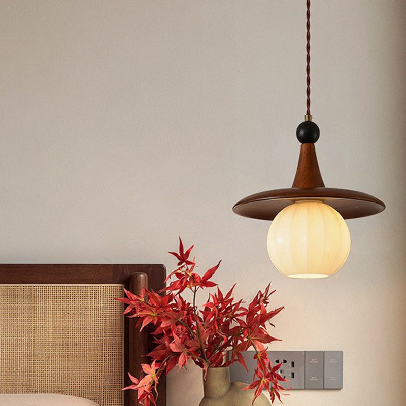 Traditional Japanese Ball Iron Solid Wood Glass 1-Light Pendant Light For Bedroom