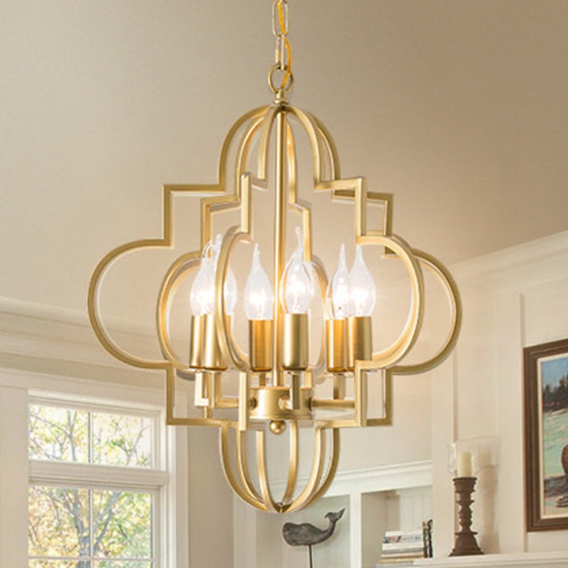 Traditional Rustic Lines Iron Frame Candle Holder 6-Light Chandelier For Living Room