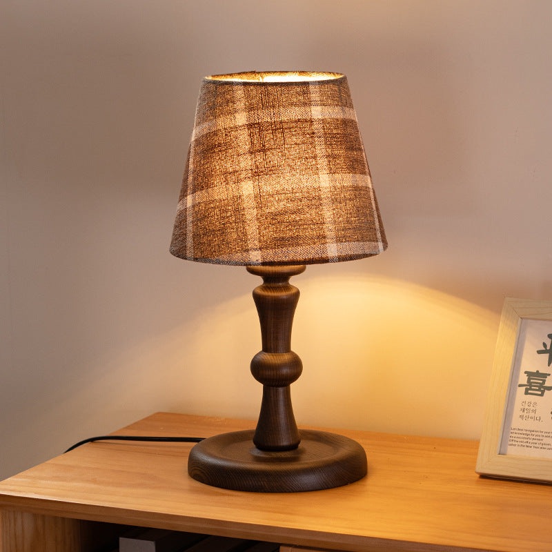 Traditional Vintage Frustum Cone Fabric Solid Wood 1-Light Table Lamp For Bedroom