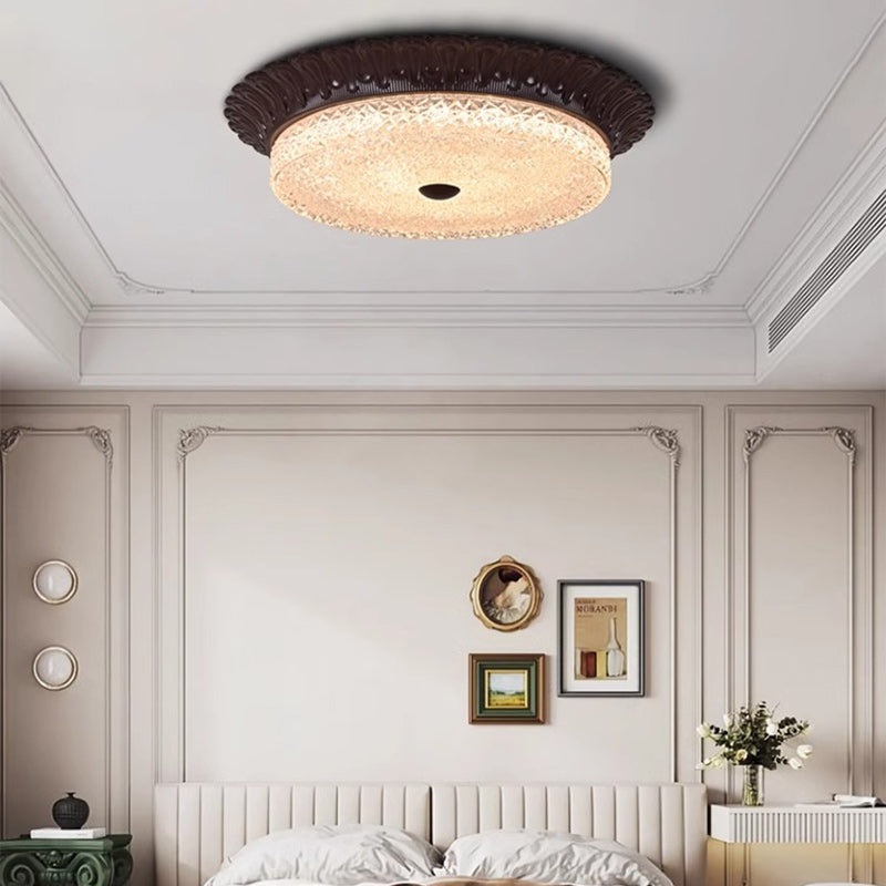 Traditional Vintage Round Alloy Glass LED Semi-Flush Mount Ceiling Light For Bedroom