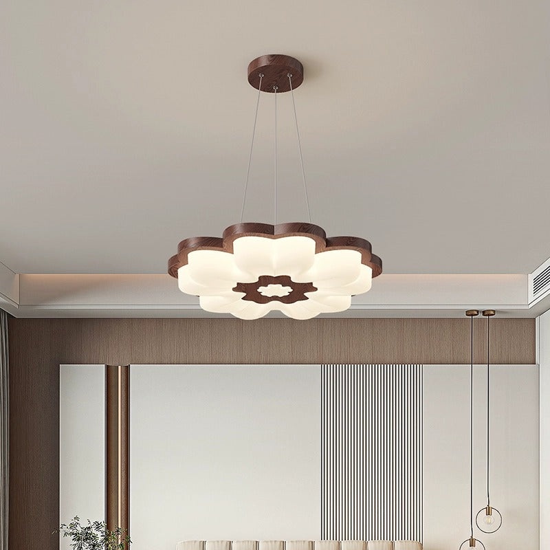 Traditional Vintage Solid Wood Grain PE Flower Shade LED Pendant Light For Bedroom