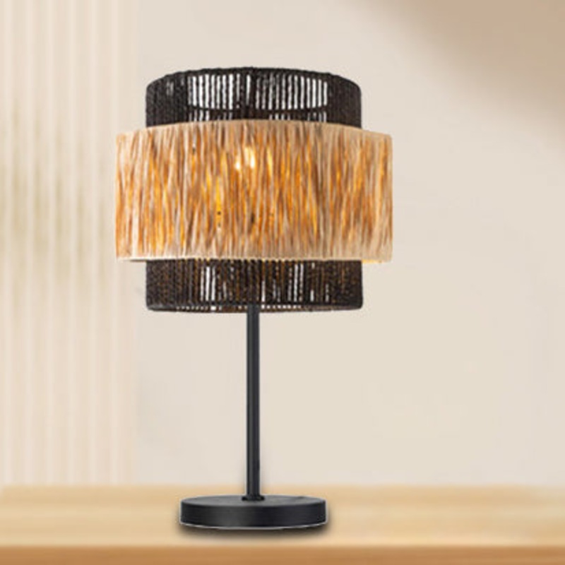 Contemporary Boho Cylinder Raffia Paper Lampshade Iron 1 - Light Table Lamp For Living Room