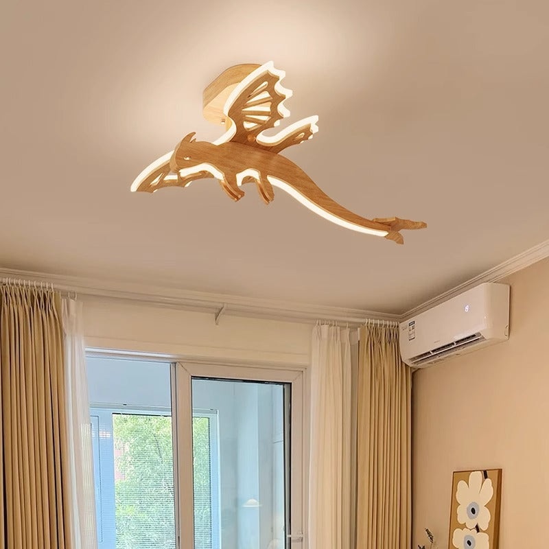 Contemporary Creative Kids Dinosaur Solid Wood Acrylic LED Semi-Flush Mount Ceiling Light For Bedroom