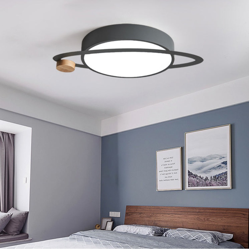 Contemporary Creative Planet Round Iron Rubberwood Acrylic LED Flush Mount Ceiling Light For Bedroom