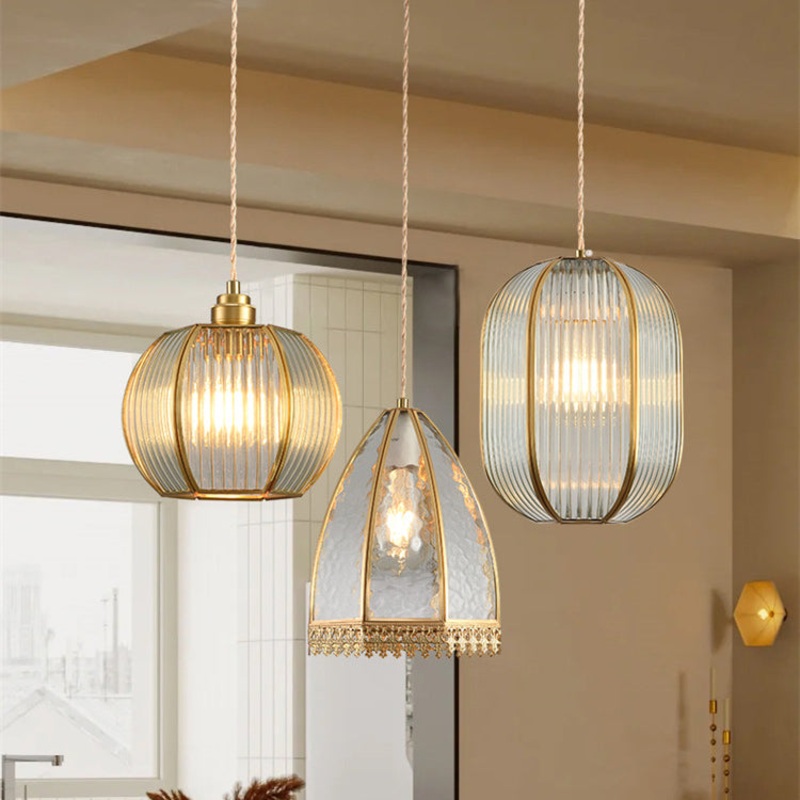 Contemporary Luxury Vertical Grained Glass Round Shade Copper 1-Light Pendant Light For Living Room