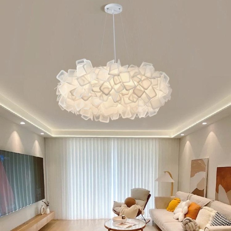Contemporary Nordic Cream Round Petal PMMA Iron LED Chandelier For Bedroom