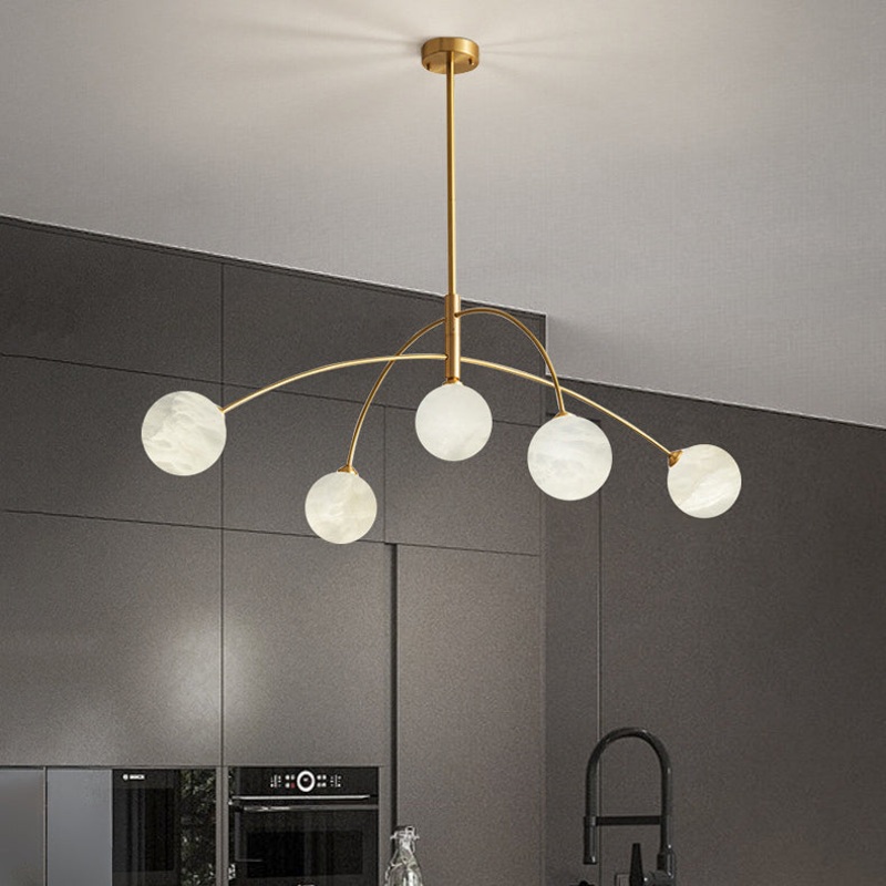 Contemporary Nordic Curved Round Orb Copper Marble 5-Light Chandelier For Living Room