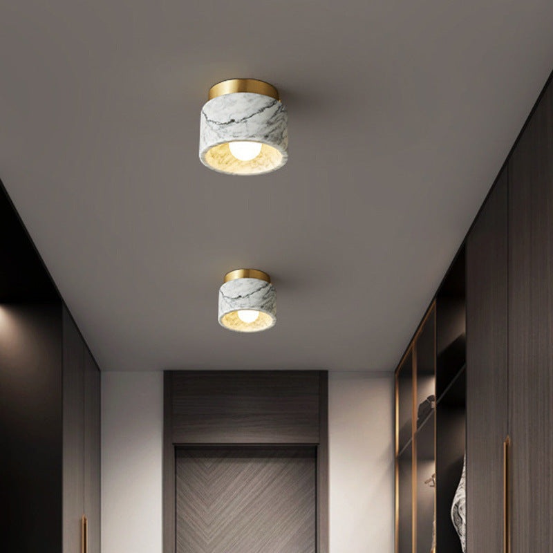Contemporary Nordic Marble Metal Glass Cylinder Round 1-Light Semi-Flush Mount Ceiling Light For Hallway