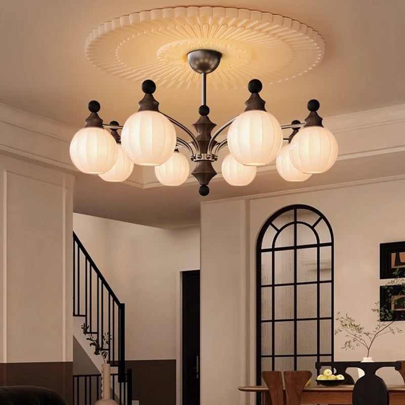 Contemporary Retro Hardware Wood Frame Glass Ball 3/5/8-Light Chandelier For Living Room