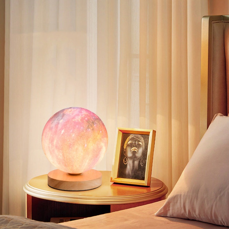Contemporary Simplicity Starry Sky Moon PLA Round Shade Wood 1-Light Night Light Table Lamp For Bedroom