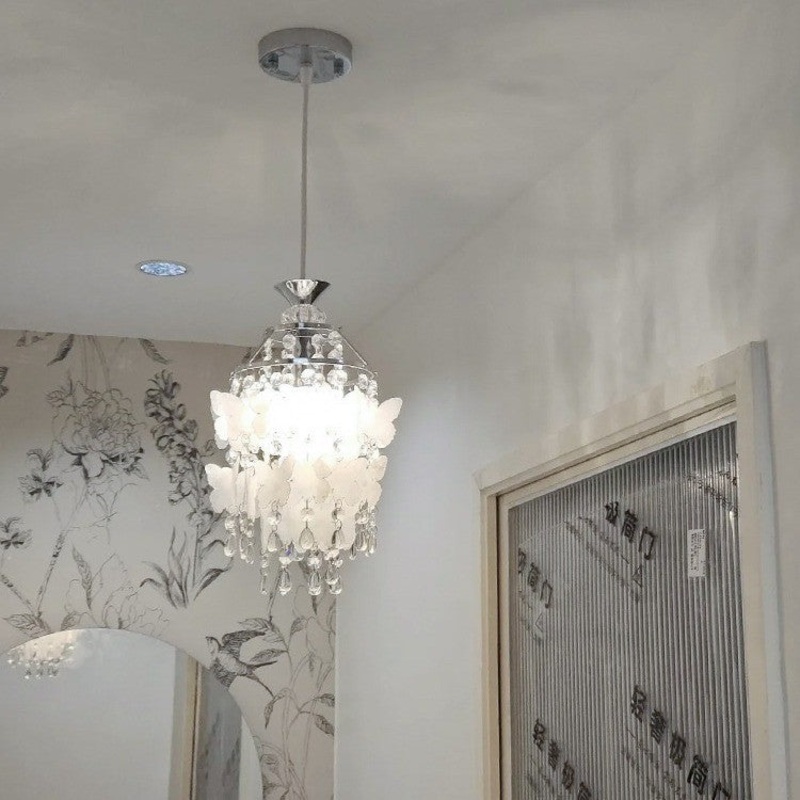 Modern Art Deco Cream Butterfly Shell Wind Chime Iron Crystal 1-Light Pendant Light For Bedroom
