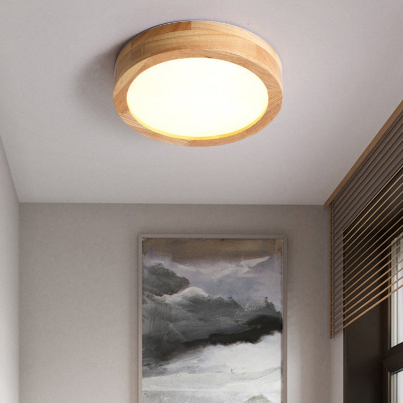 Modern Minimalist Round Dome Wood Acrylic LED Flush Mount Ceiling Light For Bedroom