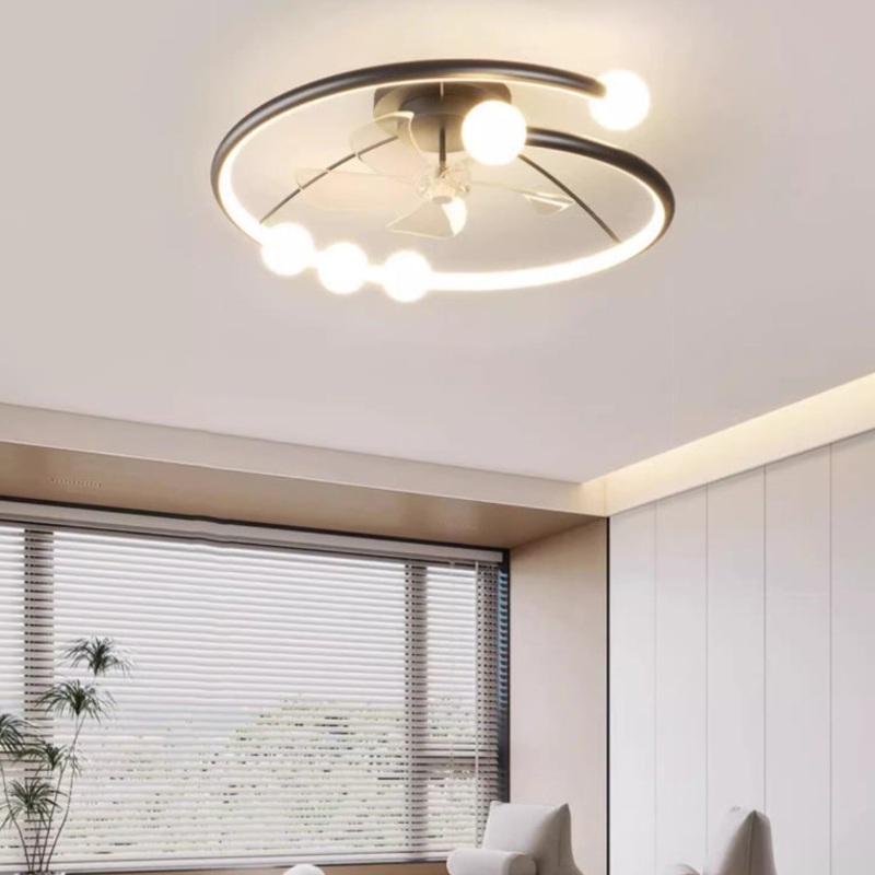 Modern Minimalist Round Orb Iron Aluminum Silicone LED Flush Mount Ceiling Fan Light For Bedroom