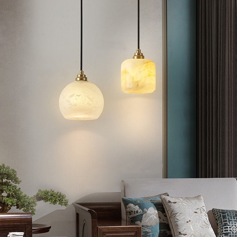 Traditional Chinese Ball Copper Jade 1-Light Pendant Light For Living Room