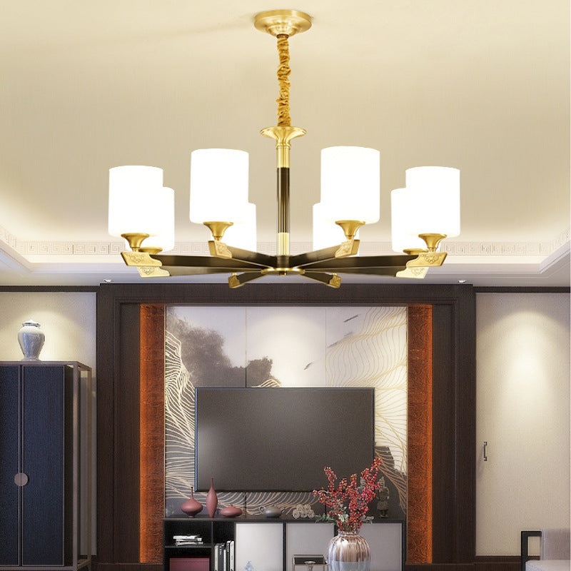 Traditional Chinese Brass Glass Cylinder Lantern Shade 3/6/8/10/15- Light Chandelier For Dining Room