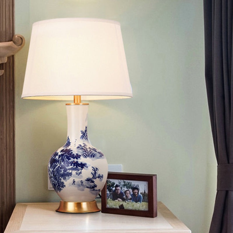 Traditional Chinese Cylinder Scalloped Pine Lapis Lazuli Fabric Ceramic Copper 1-Light Table Lamp For Living Room
