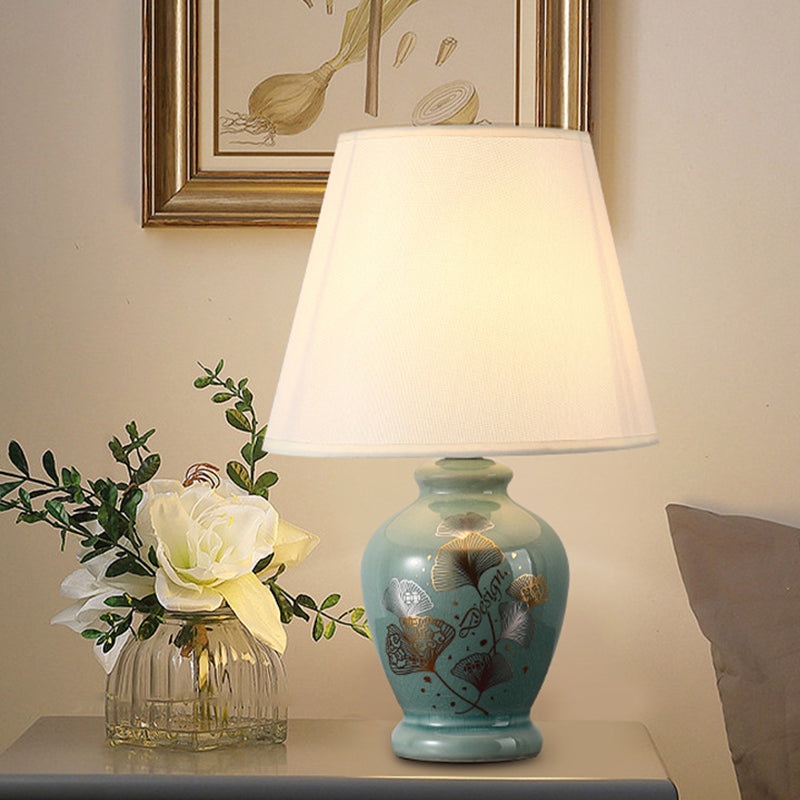 Traditional Chinese Flower Pattern Round Fan Fabric Ceramic 1-Light Table Lamp For Living Room