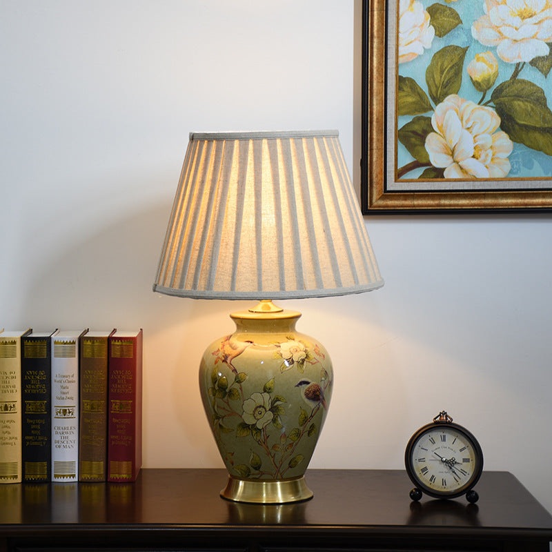 Traditional Chinese Pleated Scalloped Sunflower Double Birds Round Fabric Ceramic 1-Light Table Lamp For Living Room