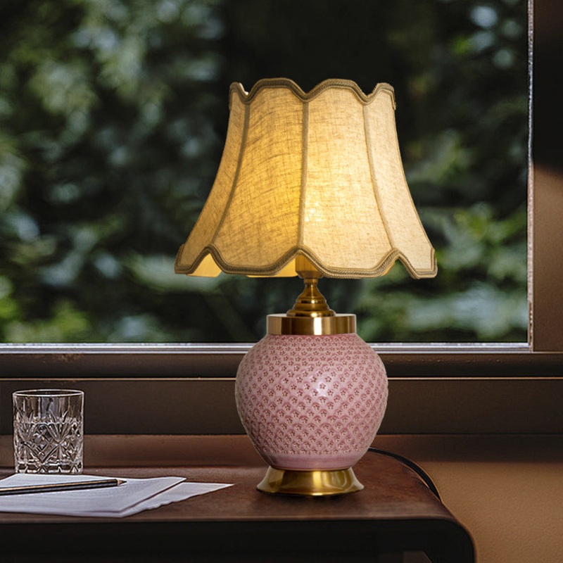 Traditional Chinese Plum Bossom Fabric Shade Ceramic Base 1-Light Table Lamp For Study