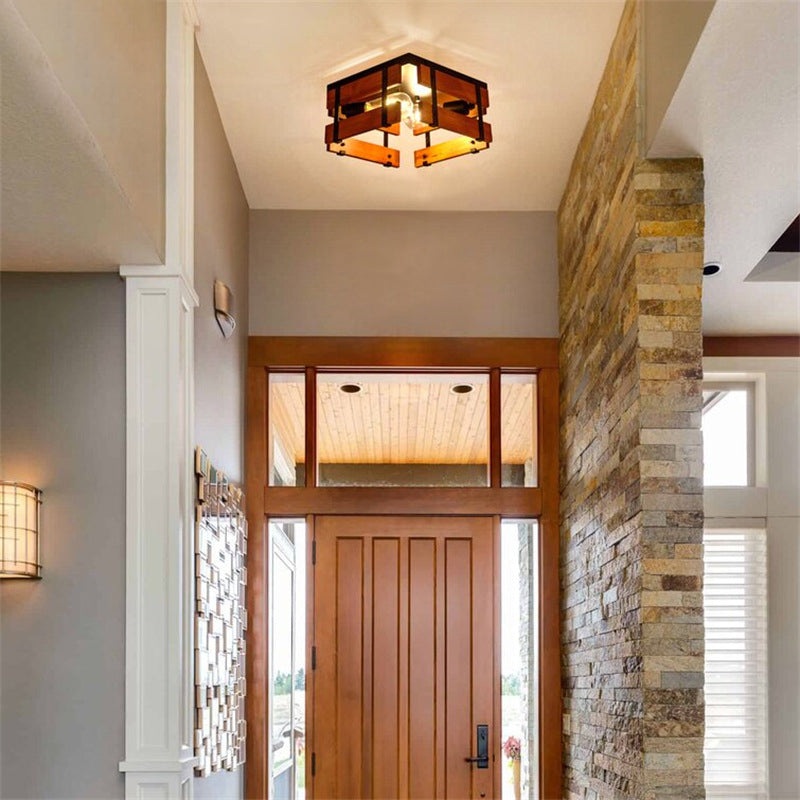 Traditional Farmhouse Iron Wood Square Fence 2/4 Light Flush Mount Ceiling Light For Hallway