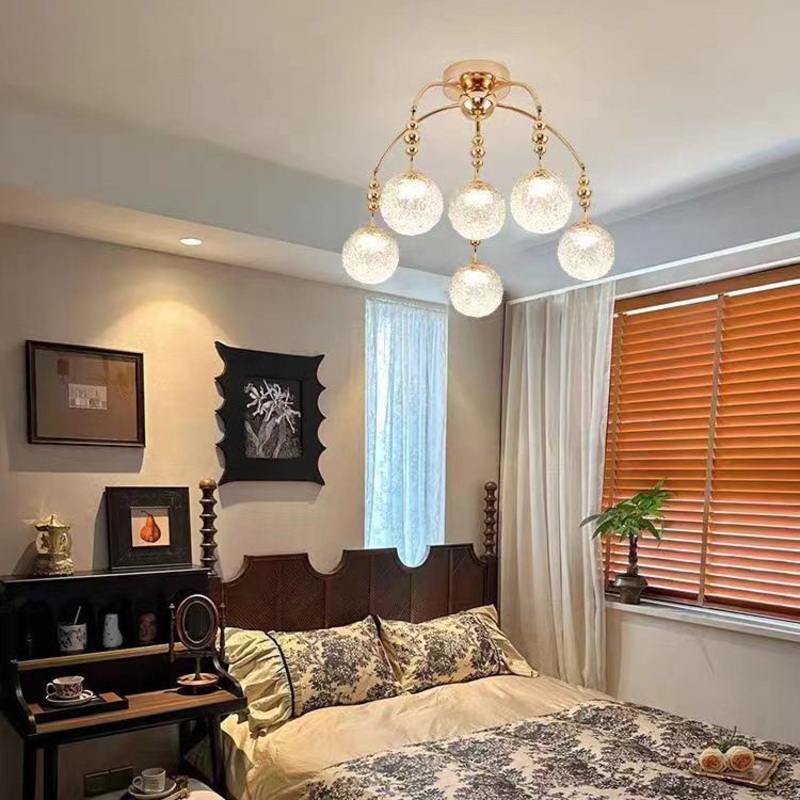 Traditional French Cream Round Magic Bean Hardware Glass LED Chandelier For Living Room