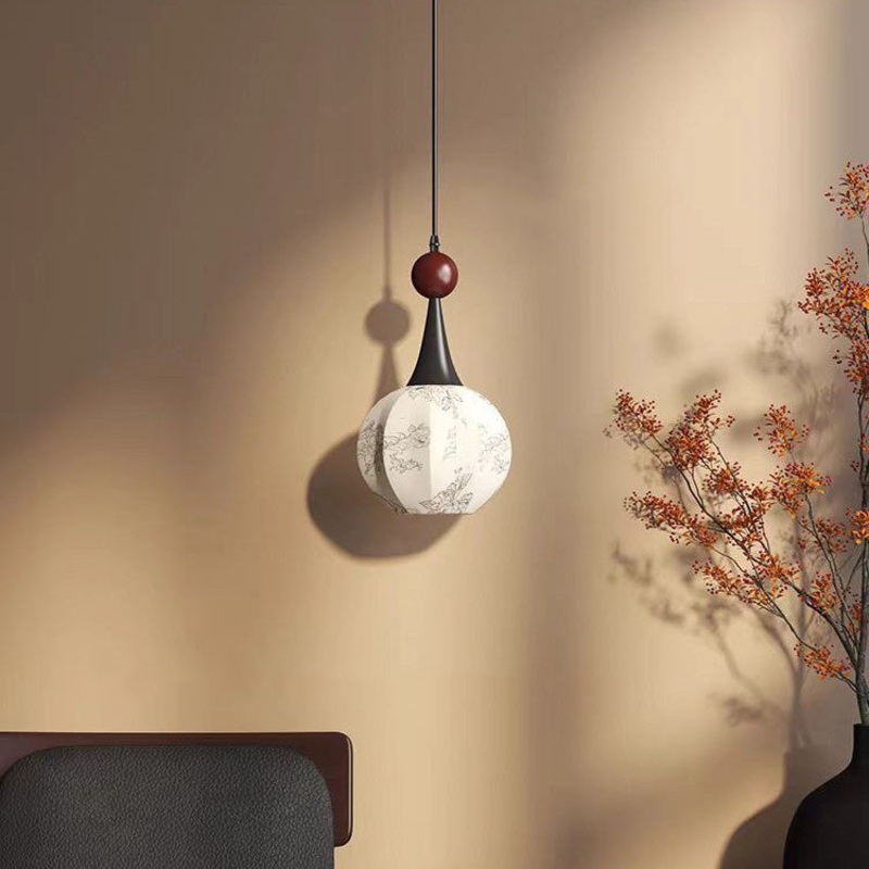 Traditional French Globe Original Wood Floral Fabric Shade 1-Light Pendant Light For Living Room