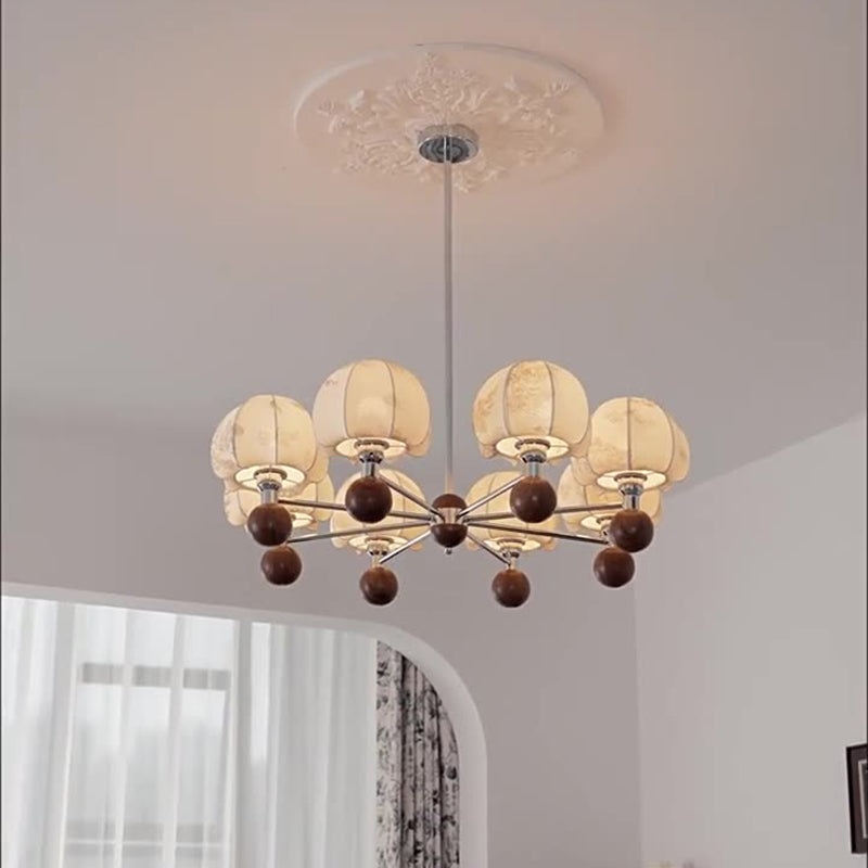 Traditional French Metal Frame Wood Fabric Round Shade 8-Light Chandelier For Living Room