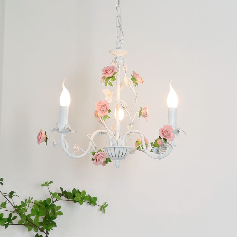 Traditional French Rose Candle Dendritic Round Iron Ceramic 3/6/8 Light Chandelier For Living Room