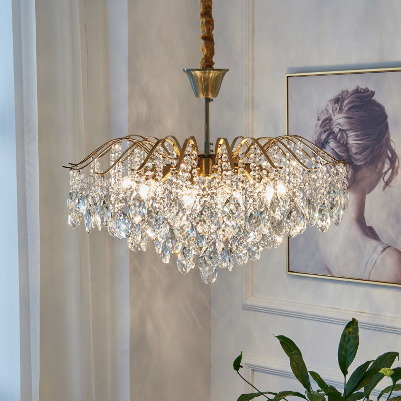 Traditional French Tassel Round Copper Crystal 5/6/8/12 Light Chandelier For Living Room