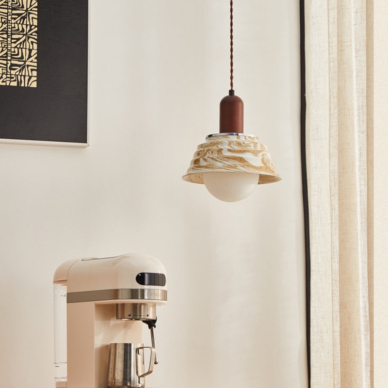 Traditional Japanese Round Floral Wood Ceramic 1-Light Pendant Light For Bedroom