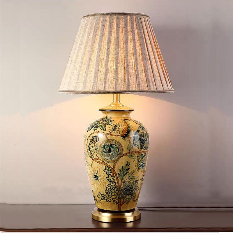 Traditional Vintage Flower Bird Round Distressed Fabric Ceramic 1-Light Table Lamp For Living Room