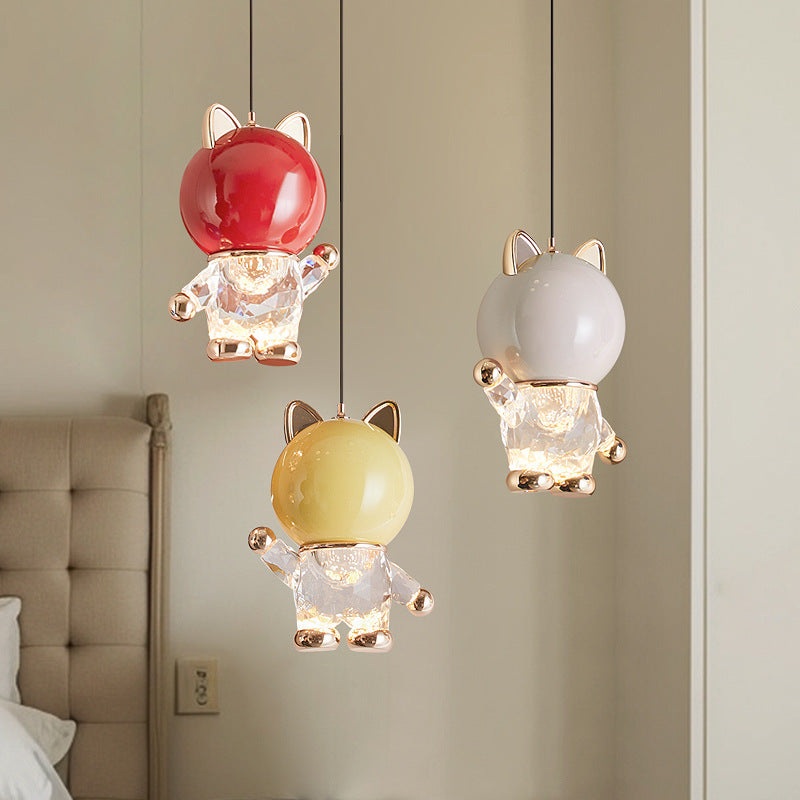 Contemporary Creative Kids Cartoon Cat Liftable Zinc Alloy Iron Acrylic LED Pendant Light For Bedside