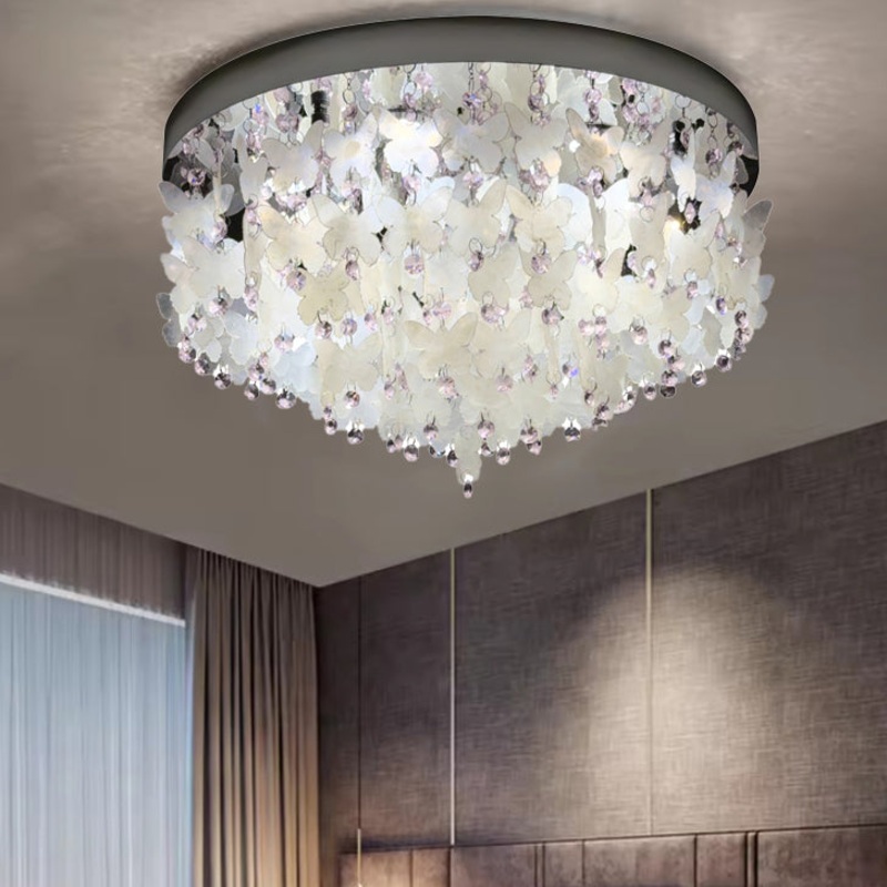Contemporary Creative Stainless Steel Crystal Butterfly Shape Shell Wind Chime LED Flush Mount Ceiling Light For Bedroom