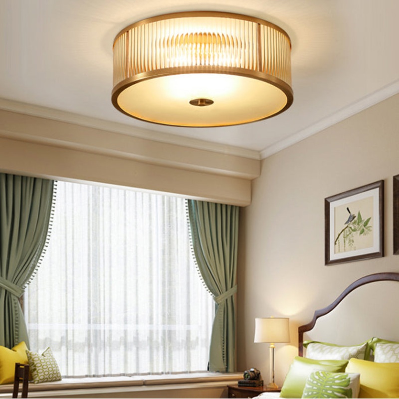 Contemporary Luxury Brass Frame Vertical Grained Frosted Glass Round 4-Light Flush Mount Ceiling Light For Bedroom