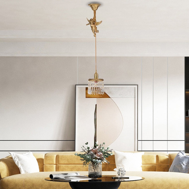 Contemporary Luxury Carved Brass Angel Crystal Round Shade 1-Light Pendant Light For Living Room
