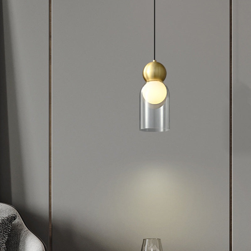 Contemporary Luxury Cylinder Oval Copper Glass 1-Light Pendant Light For Living Room