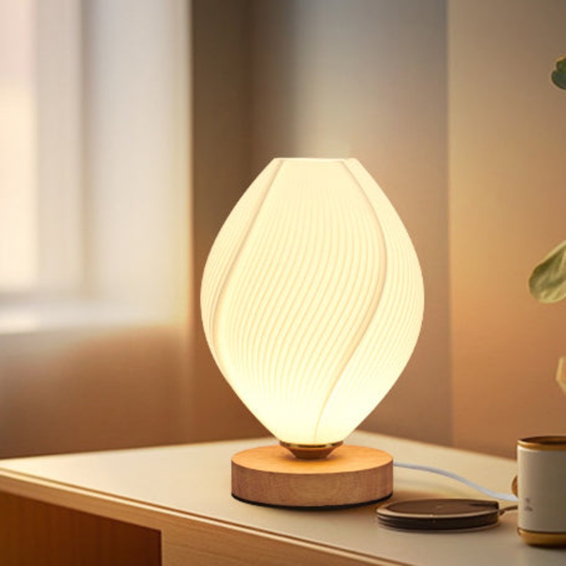 Contemporary Nordic Wood PLA ABS Bud Tulip Mango Striped 1-Light Table Lamp Night Light For Bedside