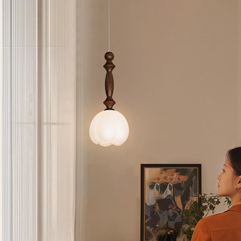 Contemporary Retro Ash Wood Flower Bud Glass Shade LED Pendant Light For Living Room
