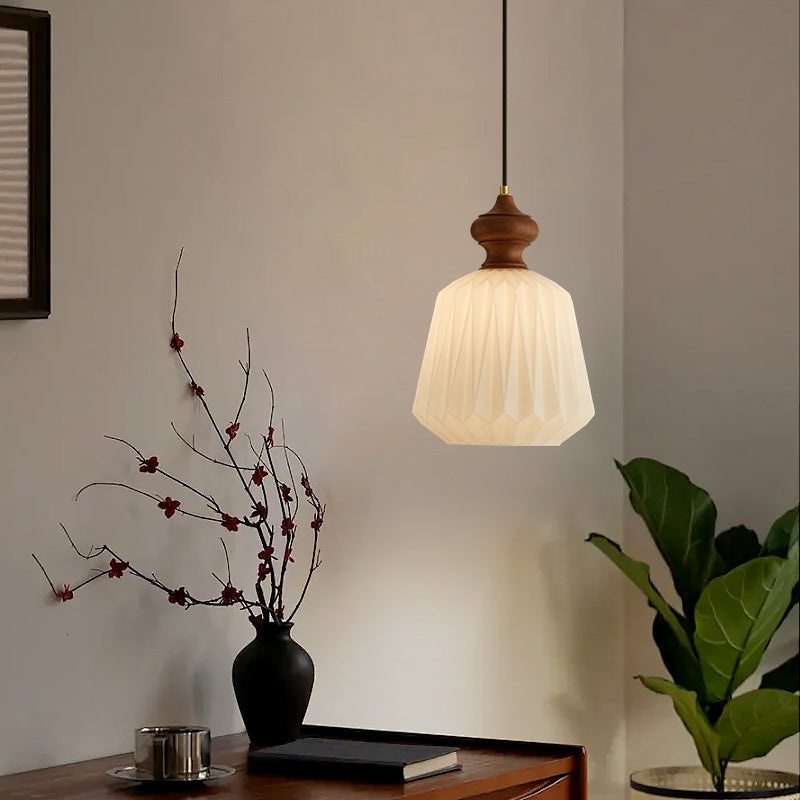 Contemporary Retro Walnut Brass Glass Origami Texture Lantern 1-Light Pendant Light For Dining Room