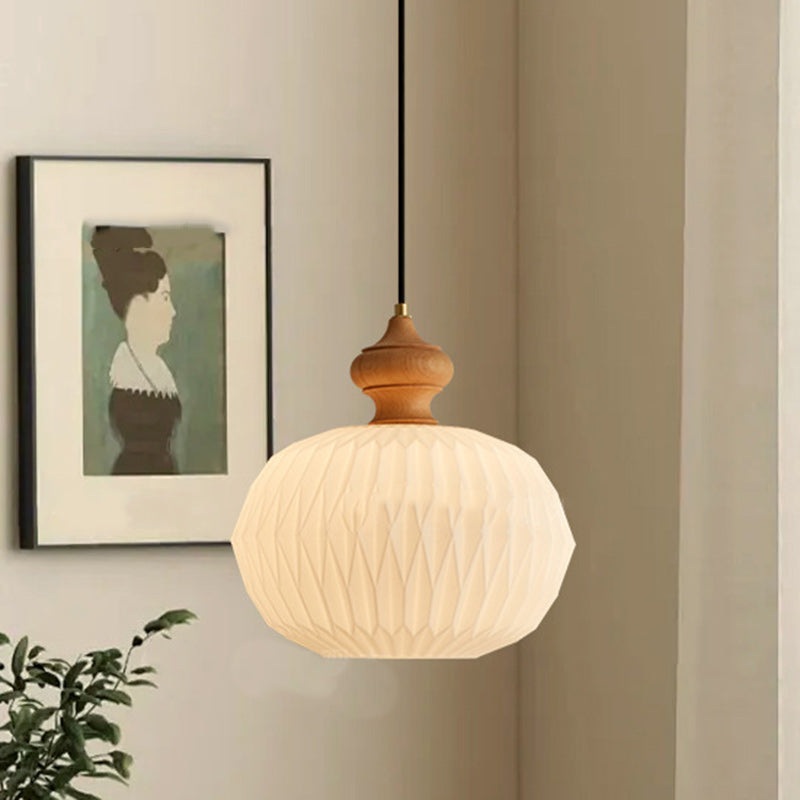 Contemporary Retro Walnut Brass Glass Round Lantern Origami Texture 1-Light Pendant Light For Dining Room