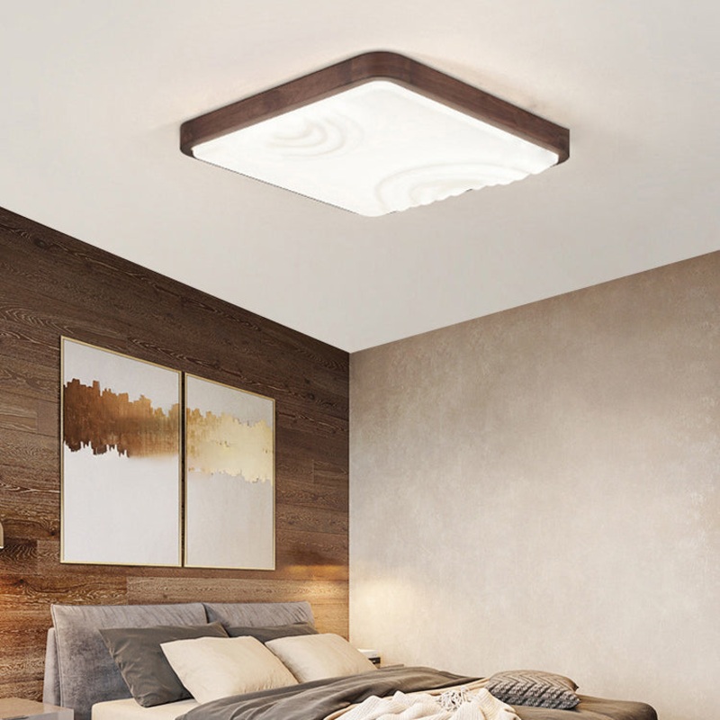 Contemporary Simplicity Walnut Wood Grain Acrylic Square LED Flush Mount Ceiling Light For Bedroom