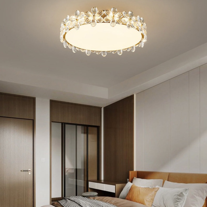 Modern Luxury Petal Round Copper Acrylic Crystal LED Flush Mount Ceiling Light For Bedroom