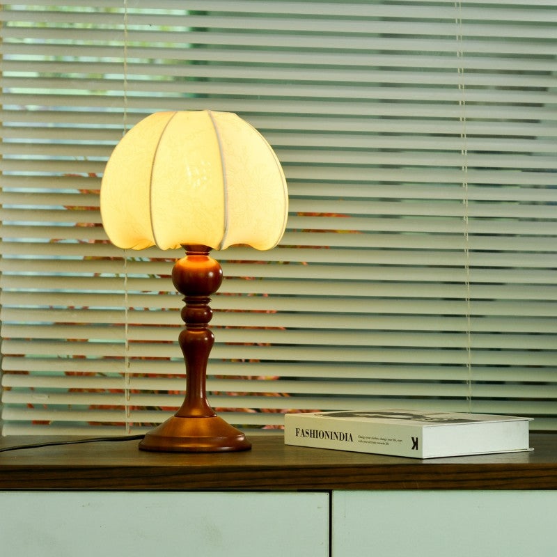 Traditional Chinese Dome Wood Fabric 1-Light Table Lamp For Living Room