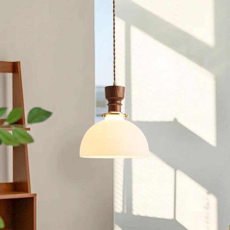 Traditional French Dome Copper Wood Glass 1-Light Pendant Light For Living Room
