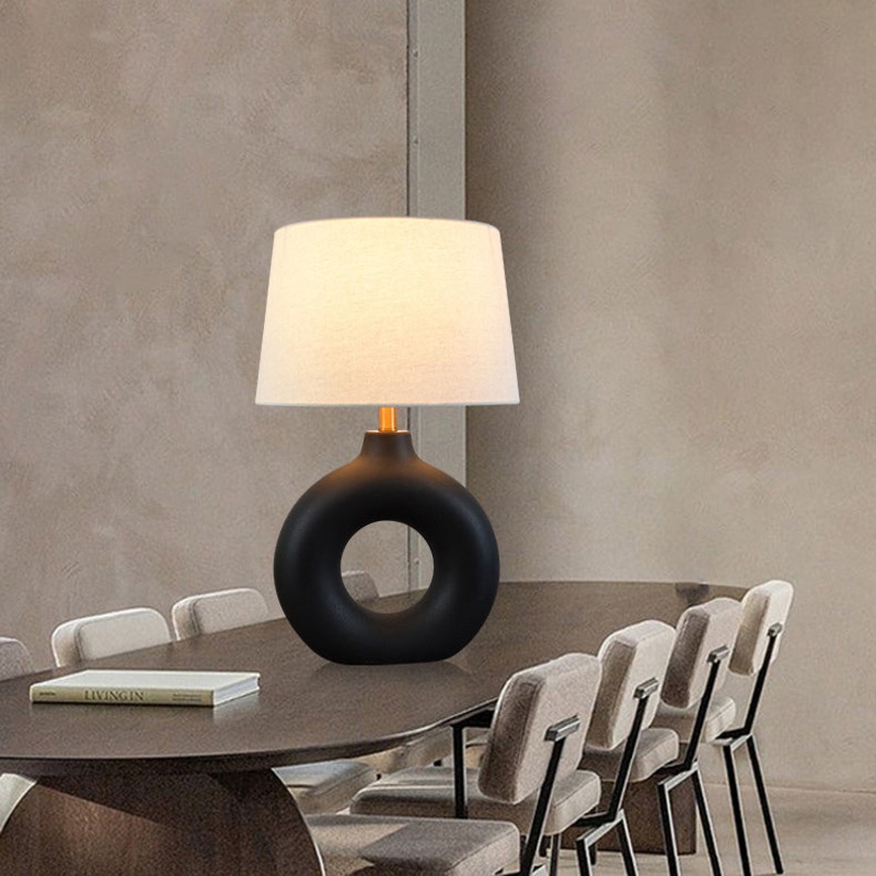 Traditional Japanese Circle Base Ceramic Fabric 1-Light Table Lamp For Bedroom