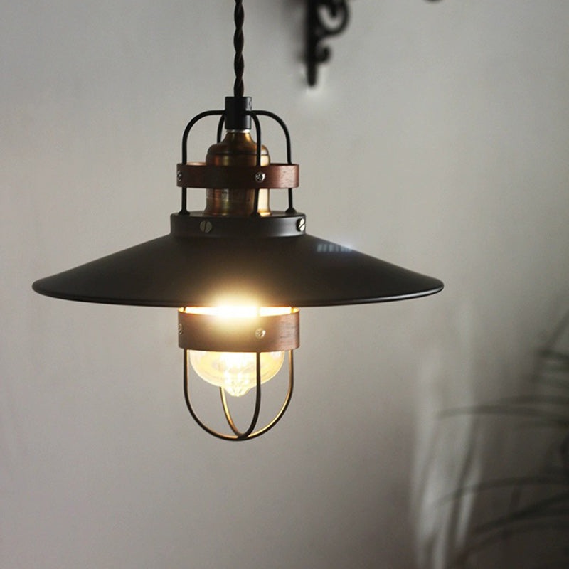 Traditional Japanese Cone Iron Solid Wood 1-Light Pendant Light For Bedroom
