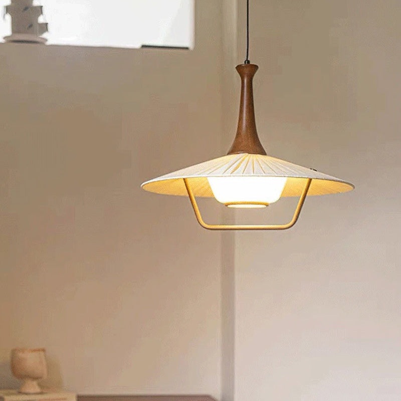 Traditional Japanese Cone Iron Solid Wood Glass 1-Light Pendant Light For Living Room