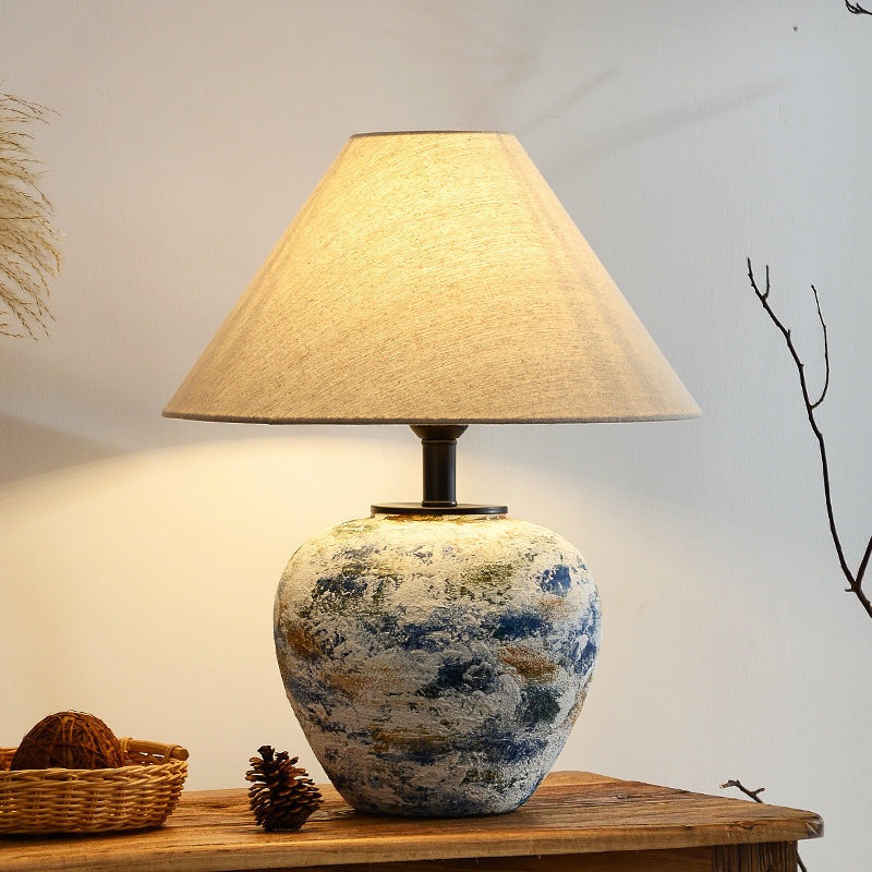 Traditional Japanese Drum Ceramic Fabric 1-Light Table Lamp For Living Room