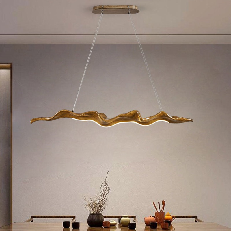 Traditional Japanese Fiberglass Silica Iron Wavey Drift Imitation Wood LED Chandeliers Island Light For Dining Room