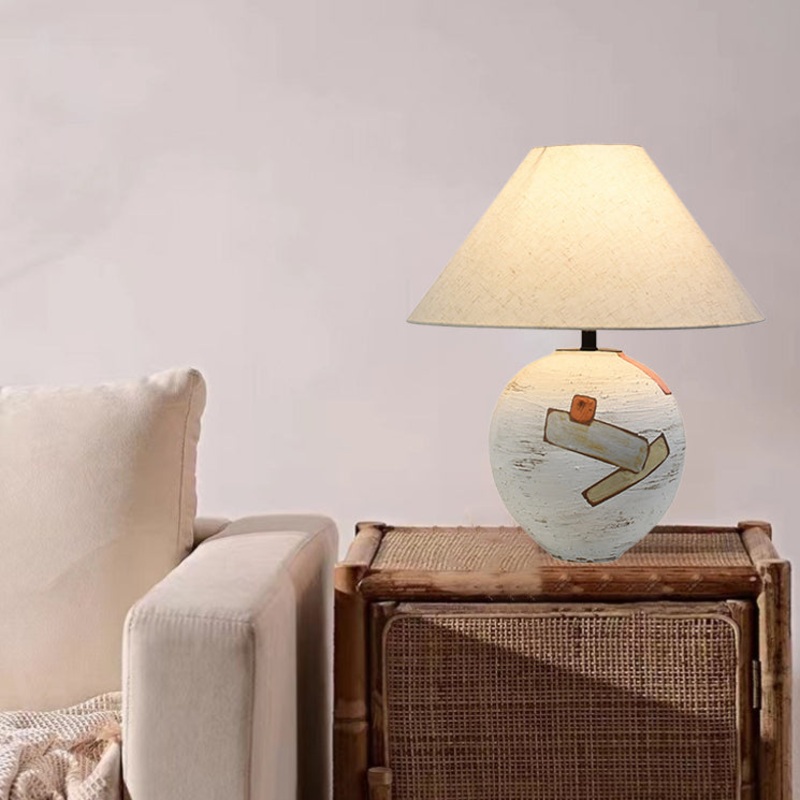 Traditional Japanese Frustum Cone Ceramic Fabric 1-Light Table Lamp For Bedroom